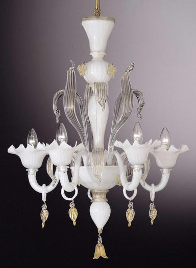 White Murano 5 light chandelier with crystal and gold accents