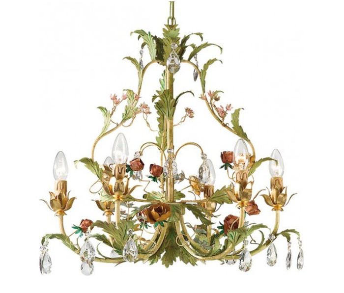 Glass Crystals & Flowers Chandelier in Gold & Green Metal