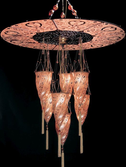 Fortuny style 7 light Murano glass cluster with disc