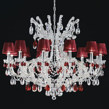 12 Light chrome chandelier with red cut crystal pendants