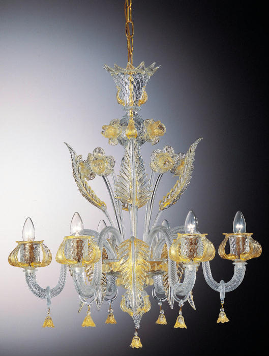 Murano glass chandelier with gold flowers and chain
