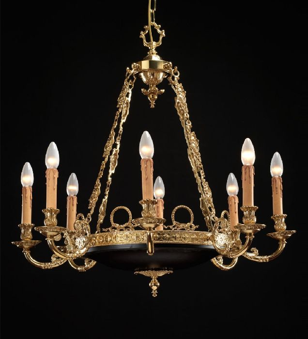 8 light French gold chandelier with painted bowl
