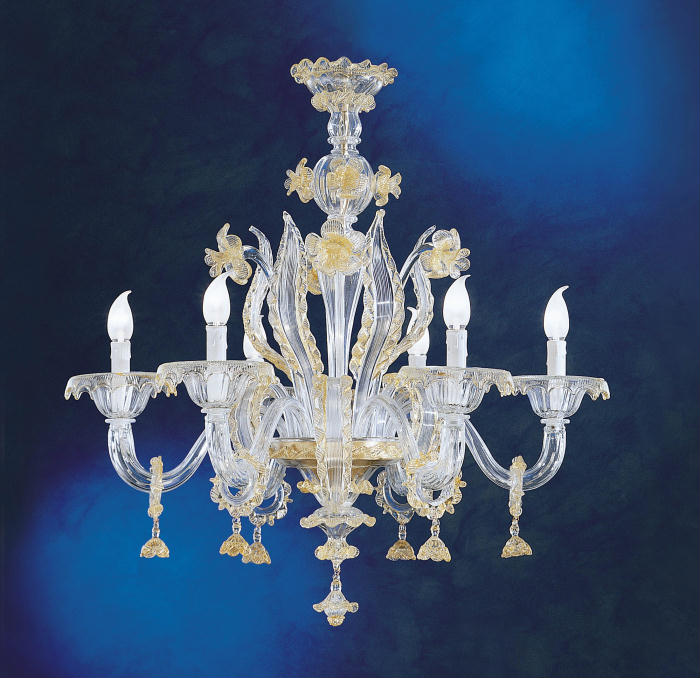 Clear Murano glass floral chandelier with 6 lights
