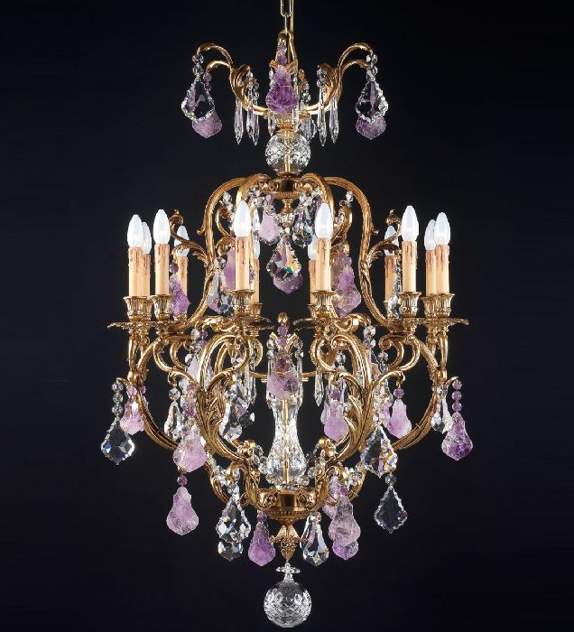 12 Light gold chandelier with amethyst & crystal pendants