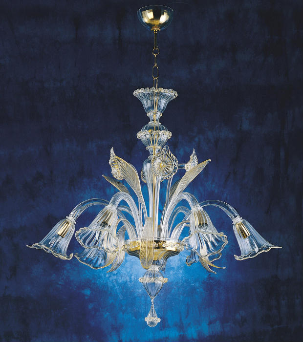 Clear glass Murano chandelier with 6 flower lights & gold trim