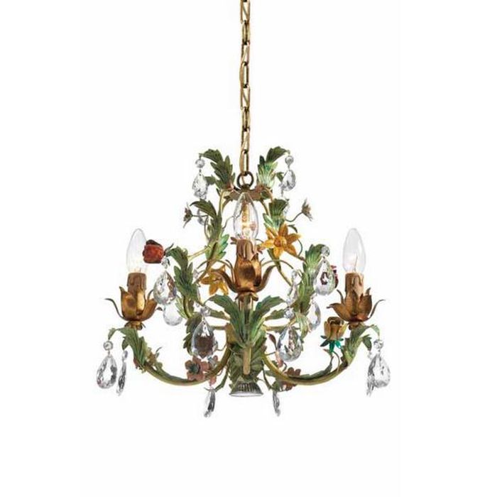 Gold & Green Metal Chandelier with Glass Crystals & Flowers