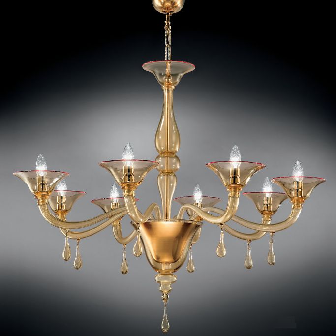 Amber Murano glass 8 light chandelier with pretty droplets