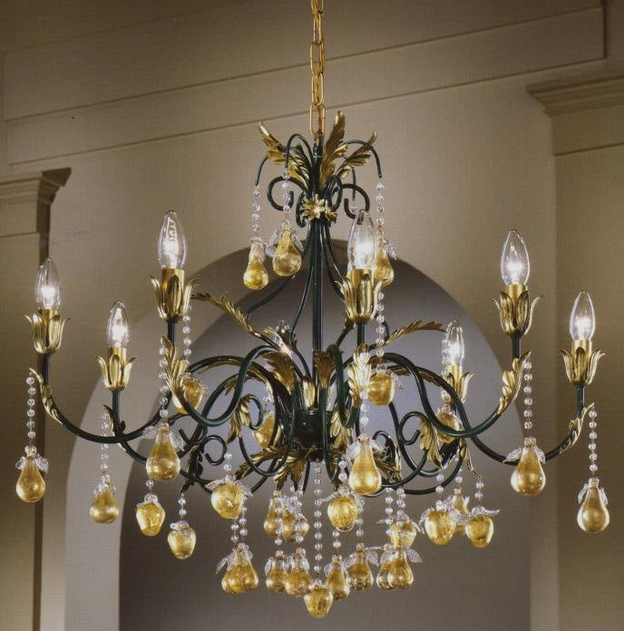8 Light fruit chandelier with green and gold frame