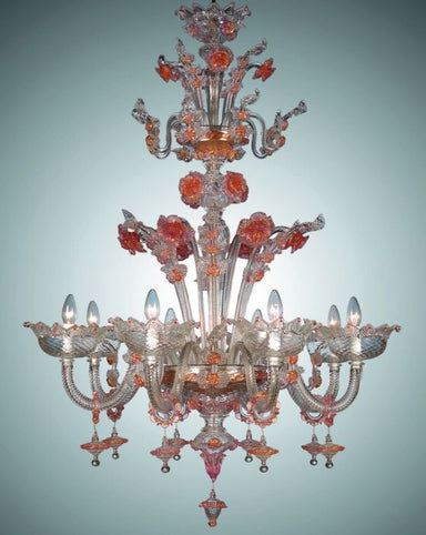 Murano Glass Chandelier With Pink And Gold Flowers