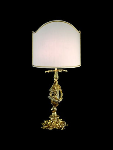 Ornate table light with 24 carat gold plating and white shade