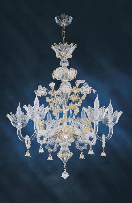 6 Light clear Murano chandelier with gold flowers