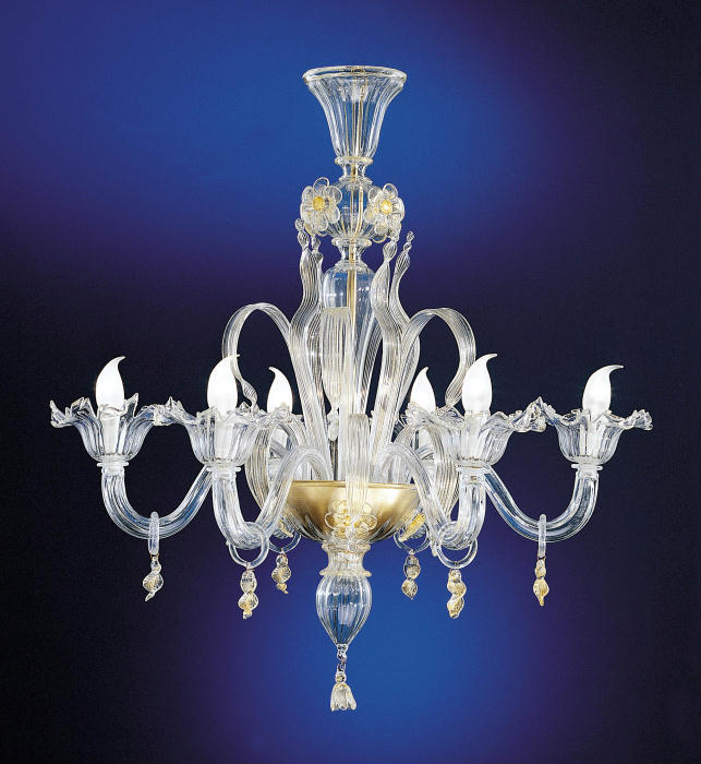 Six arm clear Venetian glass chandelier with pretty flowers