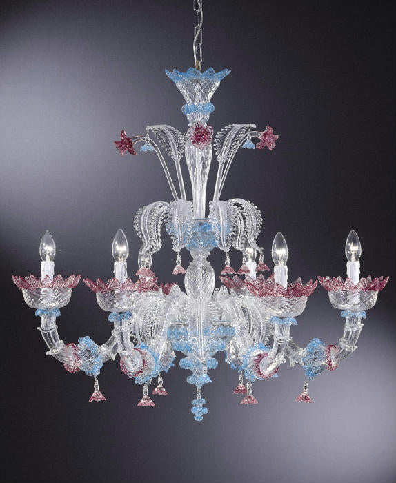 Murano glass chandelier with pink and blue details