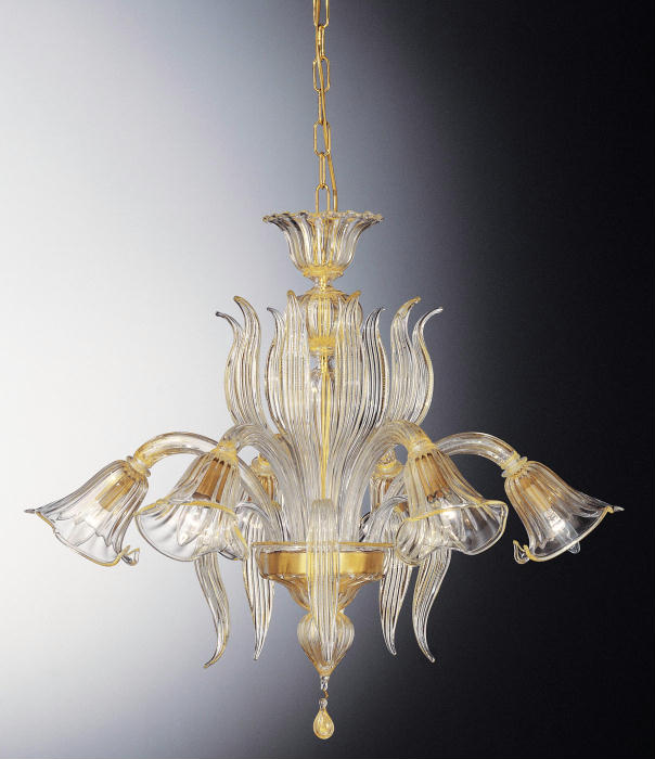 Clear Murano glass chandelier with 6 golden lily-shaped lights