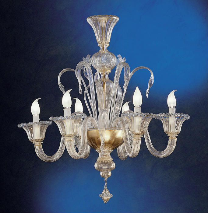 Fine 6 light Murano glass chandelier with 24 carat gold trim