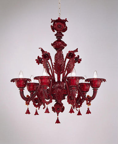 Red handblown Murano glass chandelier with 6 lights
