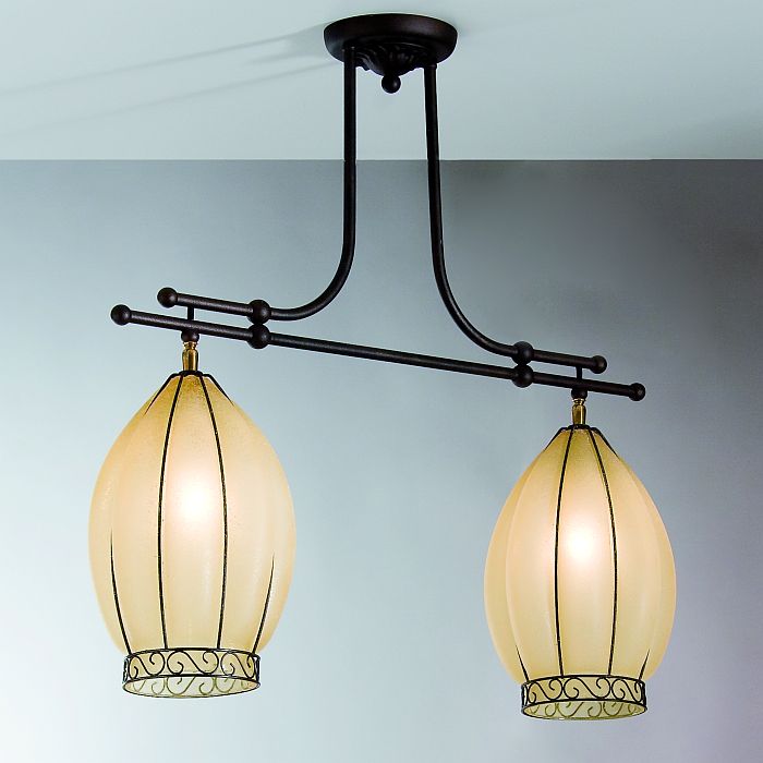 Amber Venetian glass two light ceiling light with 'scavo' finish