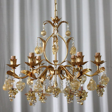 Murano crystal and gold glass grape chandelier with gold frame