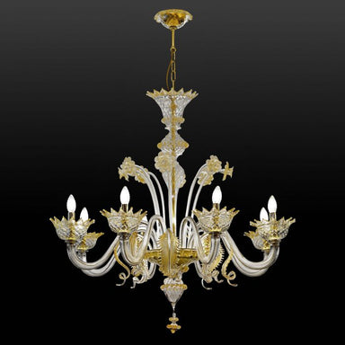 Crystal clear Murano glass chandelier with golden decoration