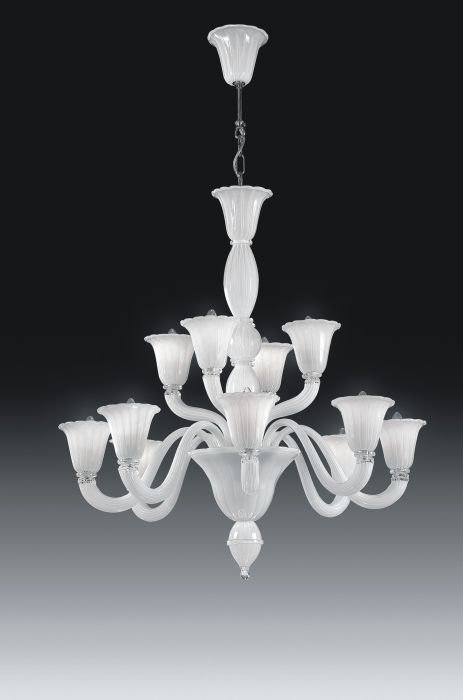 White handblown Italian glass 12 light chandelier