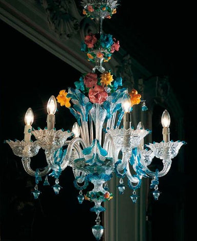 Aquamarine Murano glass chandelier with coloured flowers