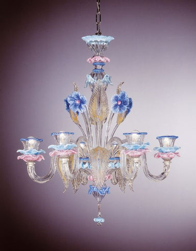 Venetian chandelier with blue, pink and gold accents