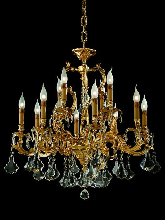 Classic 12 light gold-plated chandelier with crystal pendants