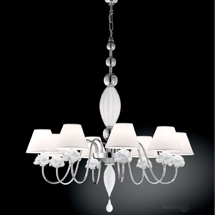 Chrome 8 light chandelier with milky white Murano glass flowers