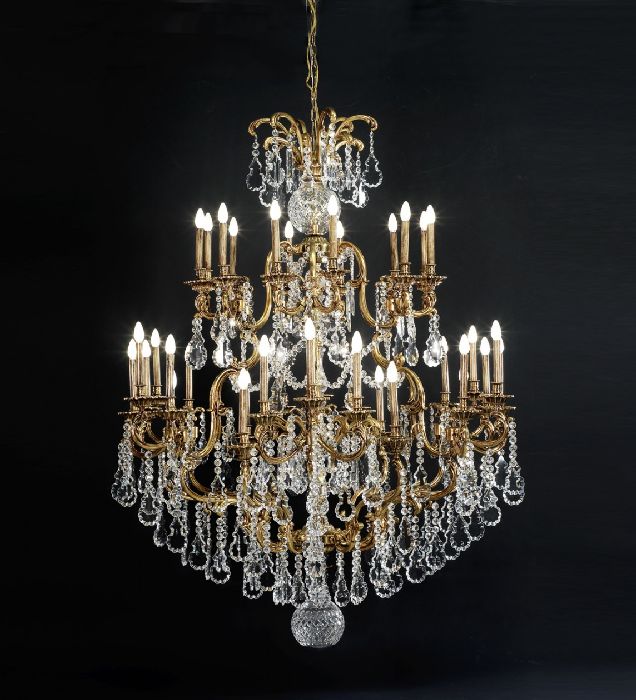 36 Light brass & Bohemian crystal chandelier