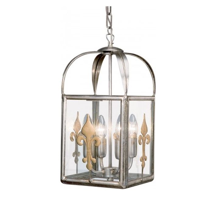 Silver & Glass Hanging Ceiling Lantern with Gold Designs