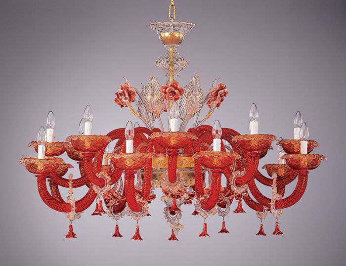 Red Venetian crystal chandelier with 24 carat gold