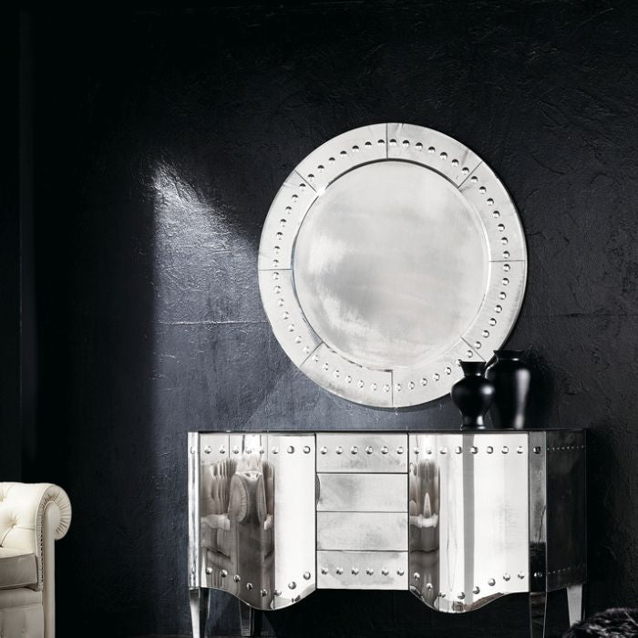 Stunning round deco-style Venetian wall mirror with silver frame