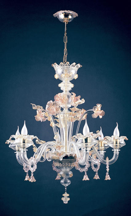 Murano glass chandelier with pink and gold decorations