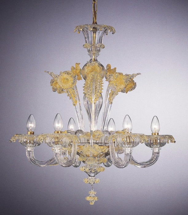 Venetian six arm chandelier with gold decorations