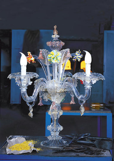 Murano glass flambeau table light with colourful flowers