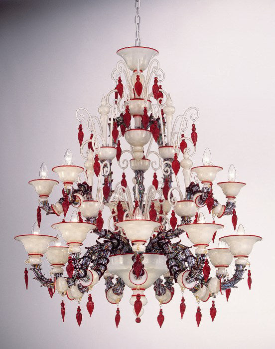 Red and white Rezzonico style chandelier with murrines