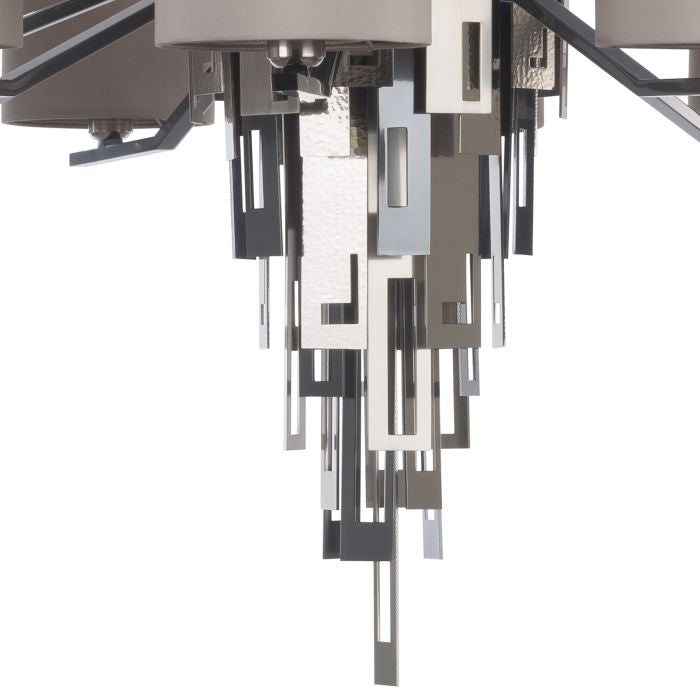 Striking modern silver nickel chandelier with 12 silk shades