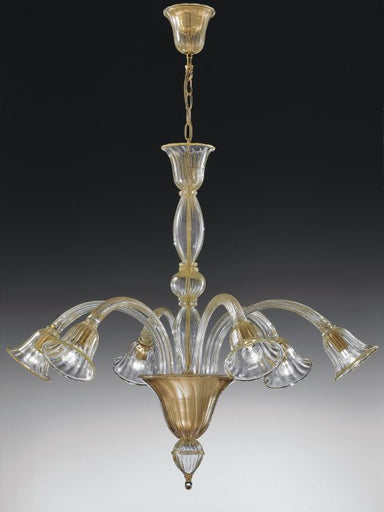 Clear Italian glass 6 light chandelier with gold frame
