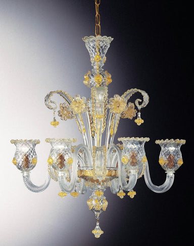 Murano Glass Chandelier With Golden Flowers & 6 Lights