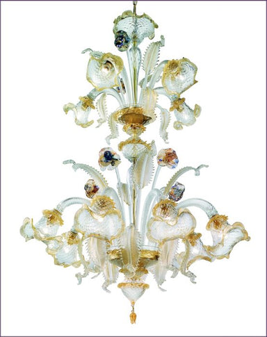 Clear Murano chandelier with gold & multi-colour trim in 9 sizes