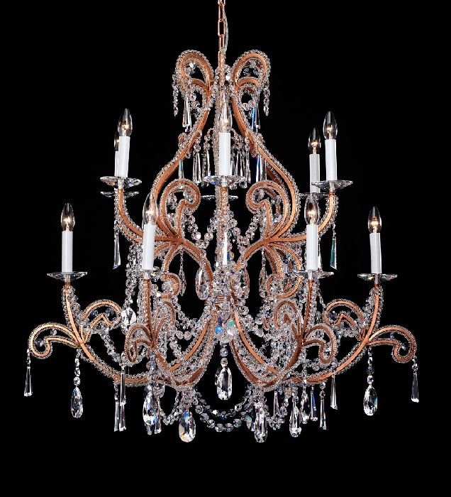 12 Light Copper Chandelier with Crystal Glass Pendants