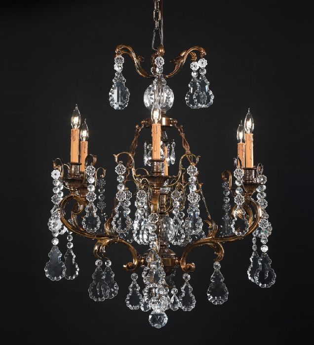 6 Light Brass Chandelier with Hand Cut Bohemian Crystals