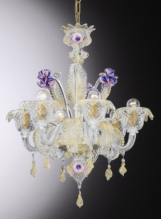 Clear Murano glass 6 light chandelier with purple flowers