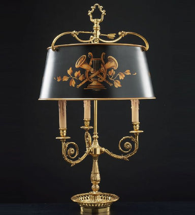 French gold Bouillotte style table light with handpainted shade