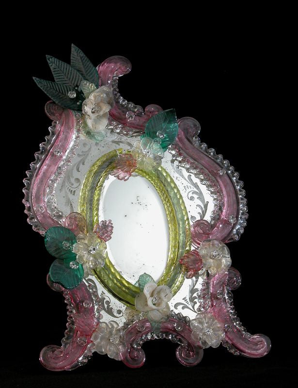 Ornate Venetian Mirror with Yellow, Pink and Blue Decoration