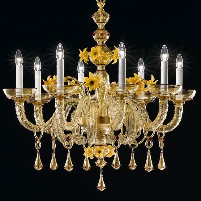 Yellow Murano glass chandelier with flower decorations