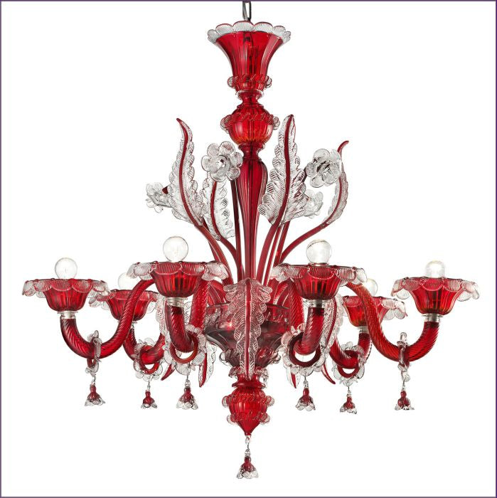 Clear red Murano glass chandelier with leaf motif