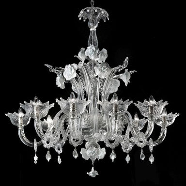 Clear Murano glass chandelier in 3 sizes with white flowers