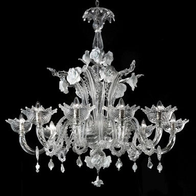 Clear Murano Glass Chandelier In 3 Sizes With White Flowers