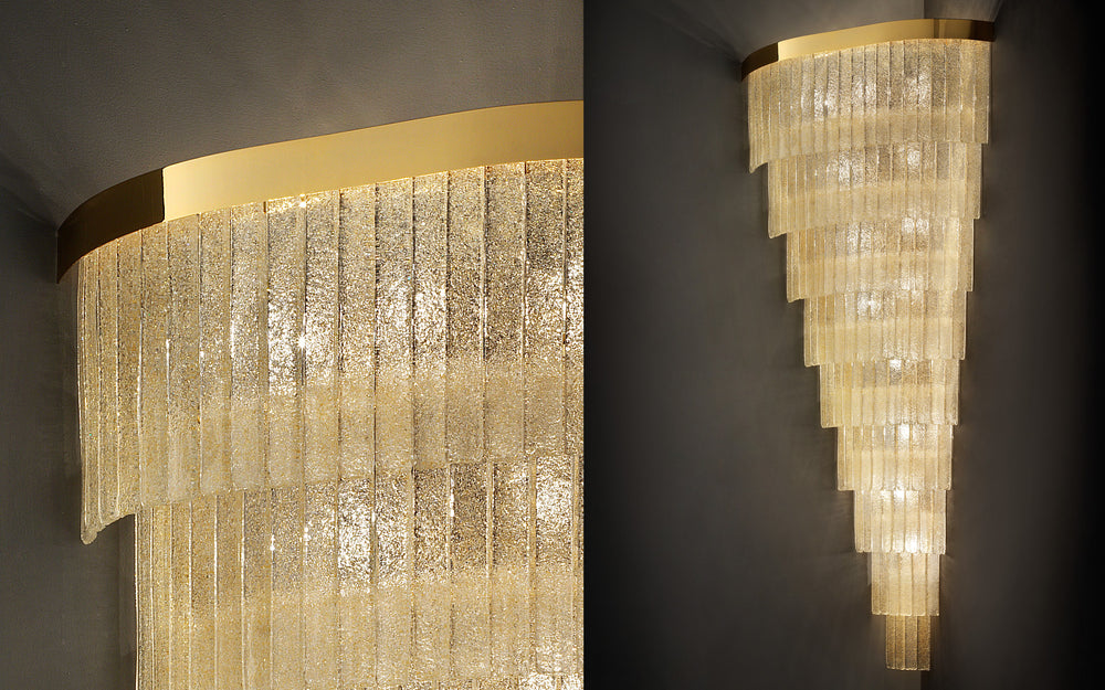 Mid Century-style Floated glass corner chandelier with 'Graniglia' granulated glass finish.